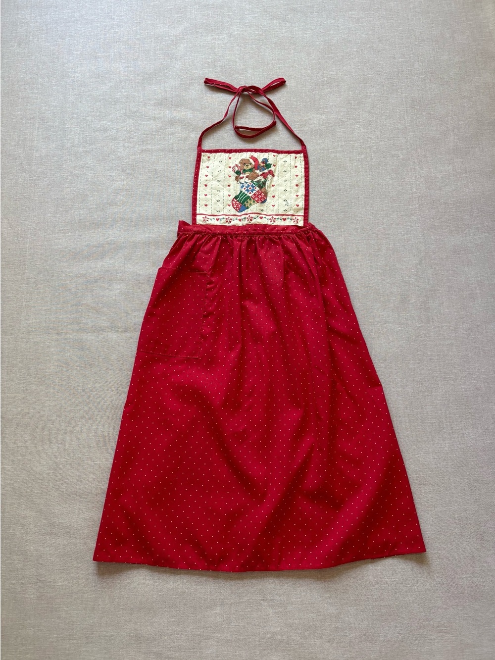 Vintage Enesco 1989 coquette red bib apron Christmas embroidered polka dot